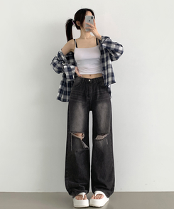 デニム 【丈別】ダメージバルーンワイドフィットデニムパンツ BLACK DENIM