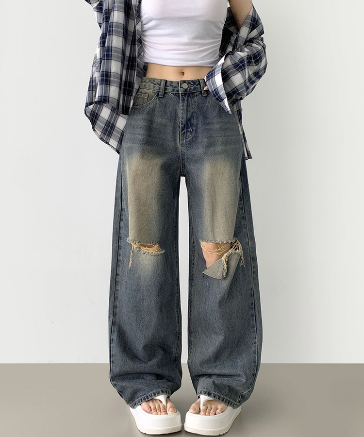 【丈別】ダメージバルーンワイドフィットデニムパンツ DEEP DENIM