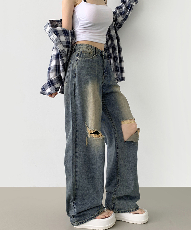 デニム 【丈別】ダメージバルーンワイドフィットデニムパンツ DEEP DENIM