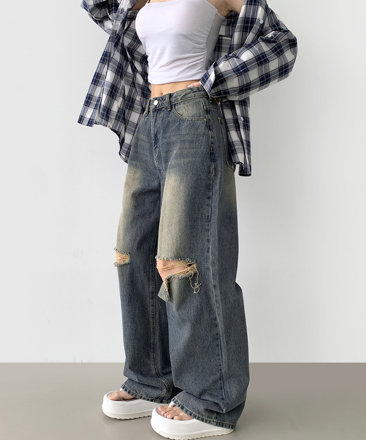【丈別】ダメージバルーンワイドフィットデニムパンツ DEEP DENIM