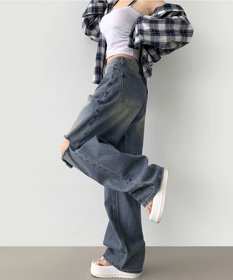【丈別】ダメージバルーンワイドフィットデニムパンツ MID DENIM