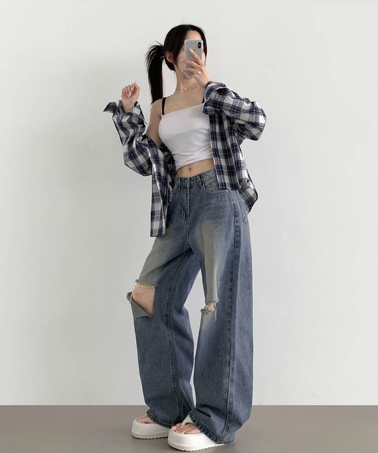 【丈別】ダメージバルーンワイドフィットデニムパンツ MID DENIM