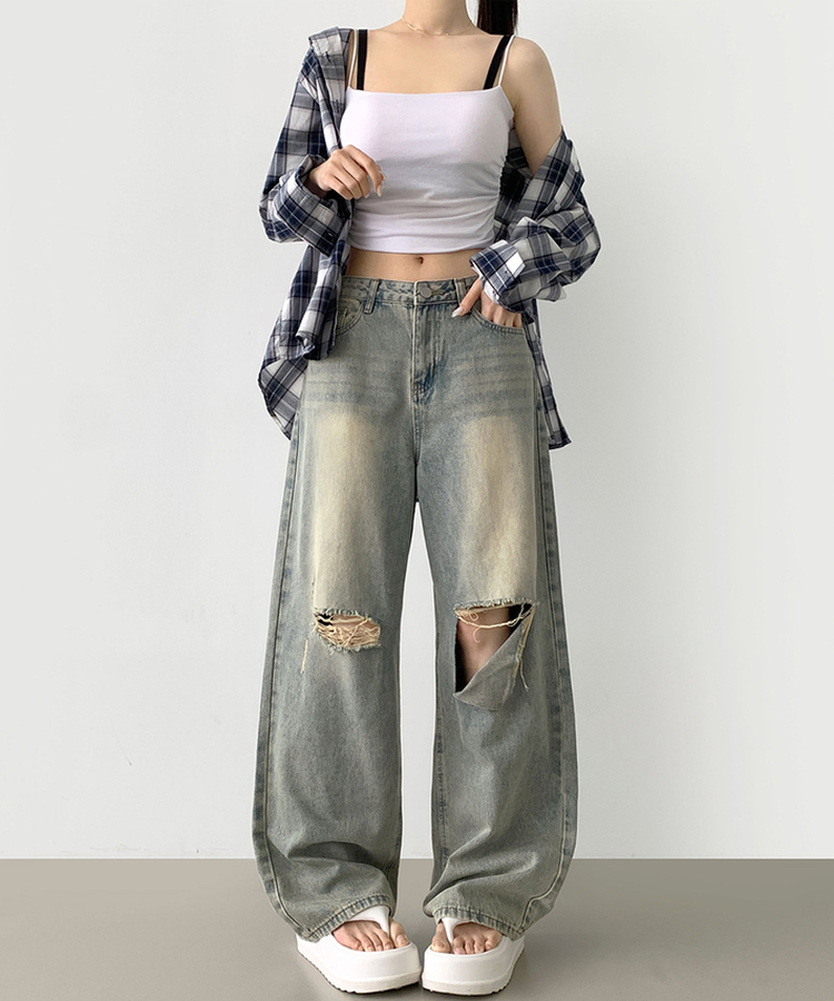 【丈別】ダメージバルーンワイドフィットデニムパンツ LIGHT BLUE