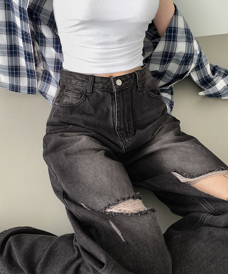 【丈別】ダメージバルーンワイドフィットデニムパンツ BLACK DENIM