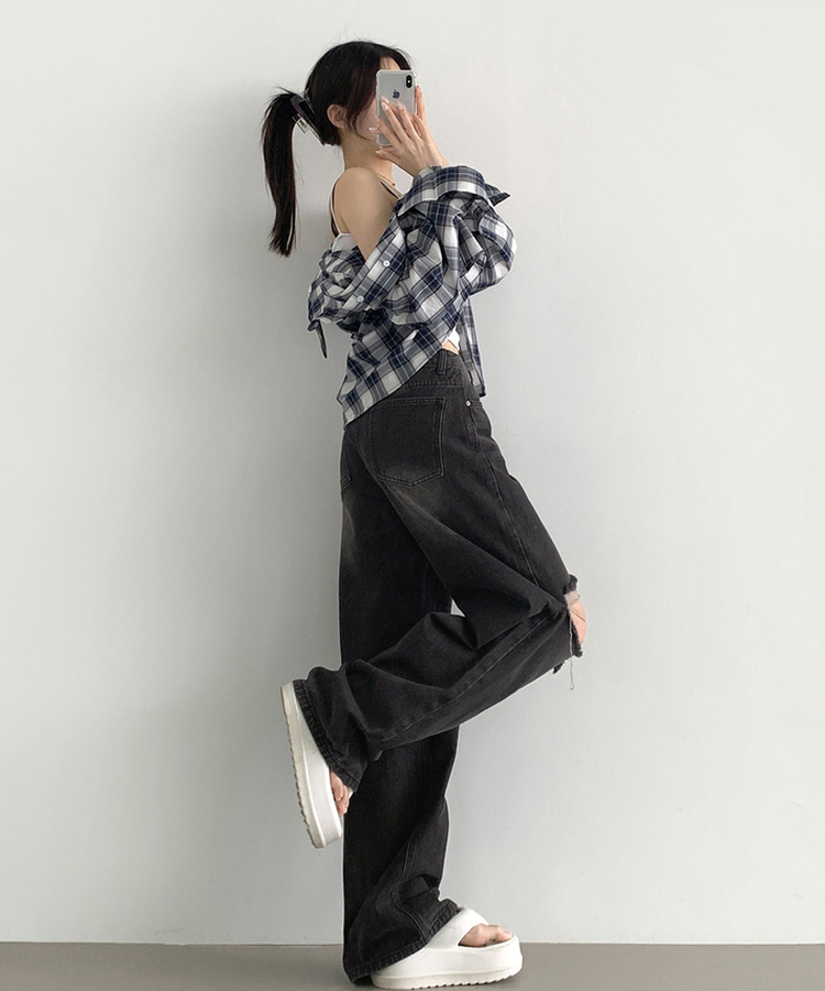 【丈別】ダメージバルーンワイドフィットデニムパンツ BLACK DENIM