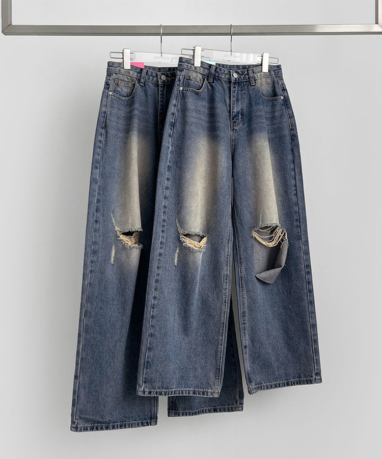 【丈別】ダメージバルーンワイドフィットデニムパンツ