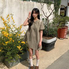 ミニワンピース チェックミニパフフレアワンピース GREEN