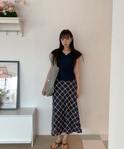 ミディ/ロングスカート チェックホイランロングスカート NAVY