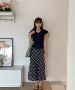 ミディ/ロングスカート チェックホイランロングスカート NAVY