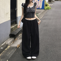 コットンパンツ ナイロンバンディングワイドロングパンツ BLACK
