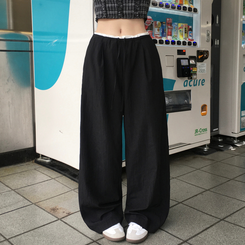 コットンパンツ ナイロンバンディングワイドロングパンツ BLACK