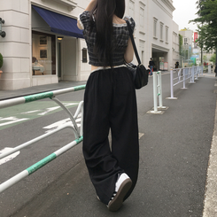 コットンパンツ ナイロンバンディングワイドロングパンツ BLACK