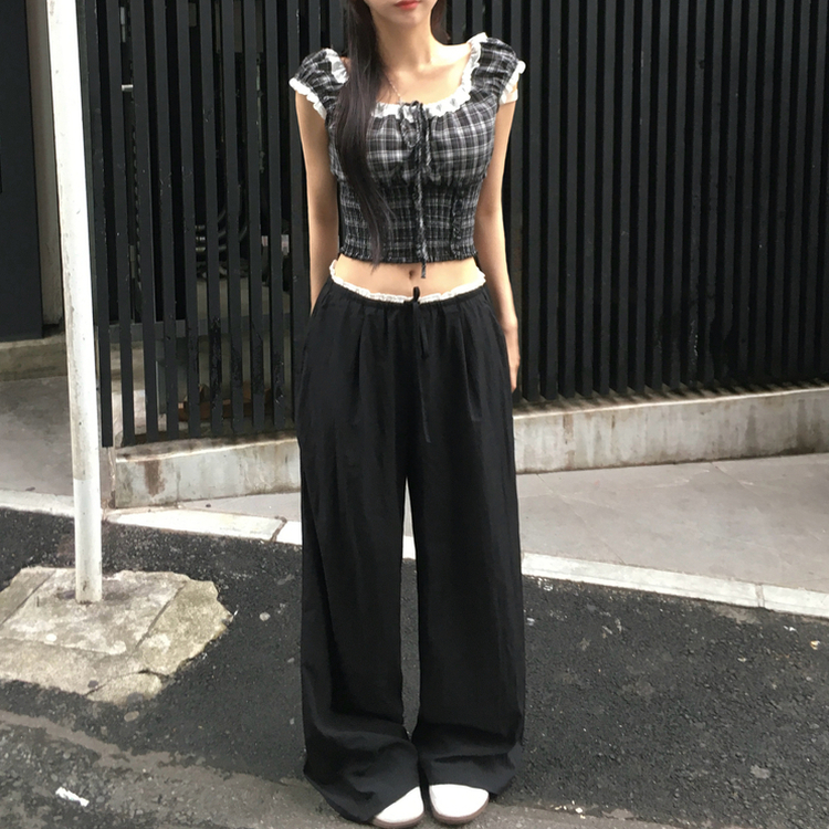 ナイロンバンディングワイドロングパンツ BLACK