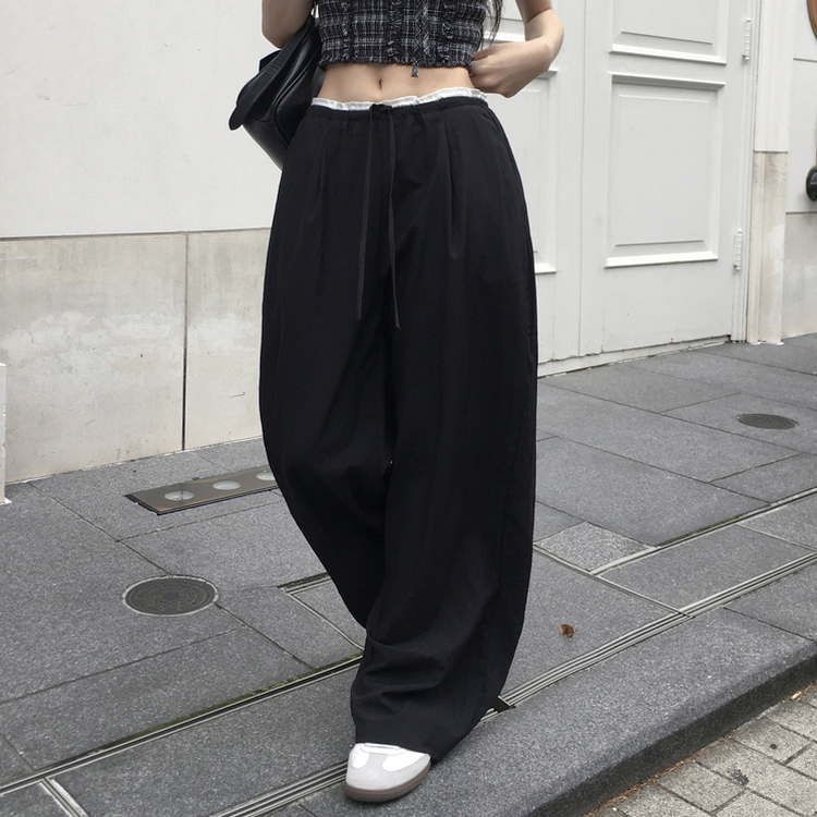 ナイロンバンディングワイドロングパンツ BLACK