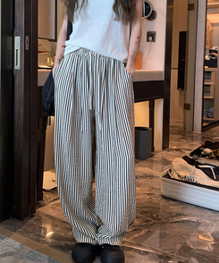 コットンパンツ ストライプクールバンディングロングパンツ BLACK