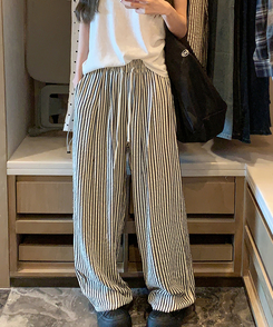 コットンパンツ ストライプクールバンディングロングパンツ BLACK