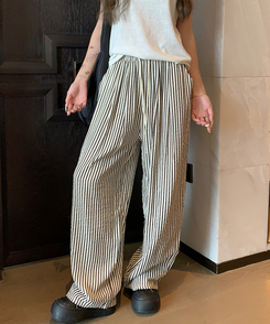 コットンパンツ ストライプクールバンディングロングパンツ BLACK