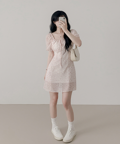 ミニワンピース フローラルスモークミニワンピース IVORY