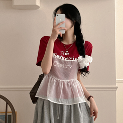 半袖Tシャツ 【SET】【SET+シュシュ】シースルービスチェ+半袖Tシャツ RED