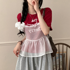 半袖Tシャツ 【SET】【SET+シュシュ】シースルービスチェ+半袖Tシャツ RED