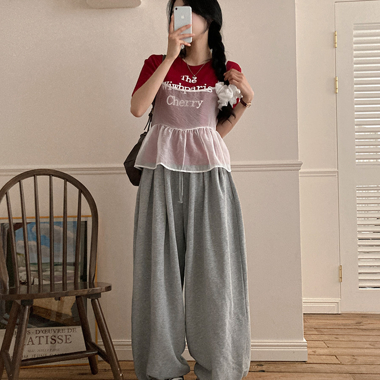 半袖Tシャツ 【SET】【SET+シュシュ】シースルービスチェ+半袖Tシャツ RED