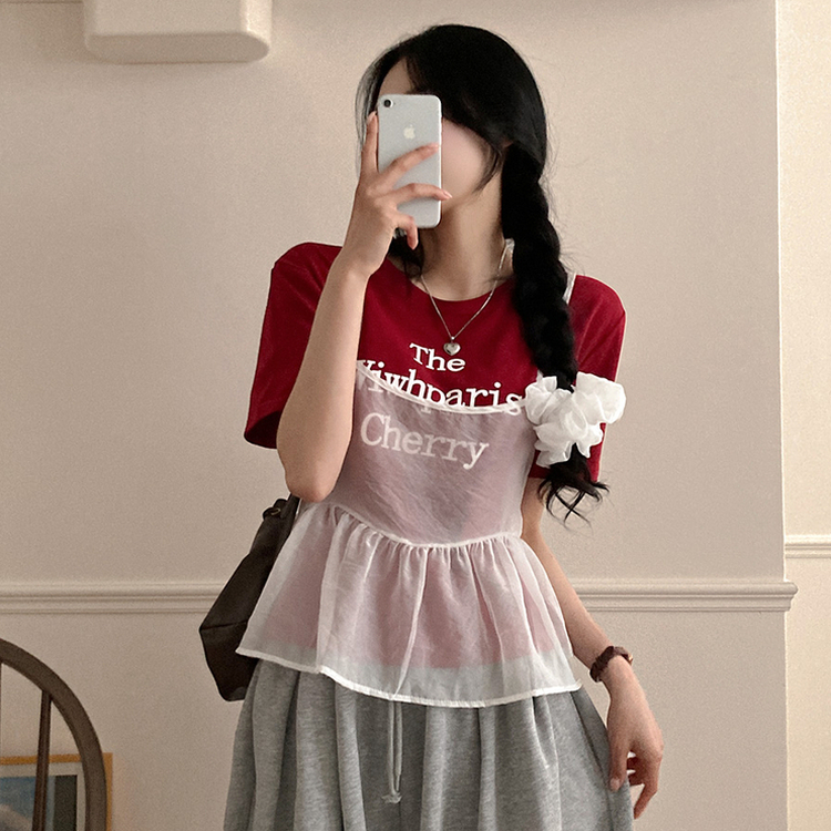 【SET】【SET+シュシュ】シースルービスチェ+半袖Tシャツ RED