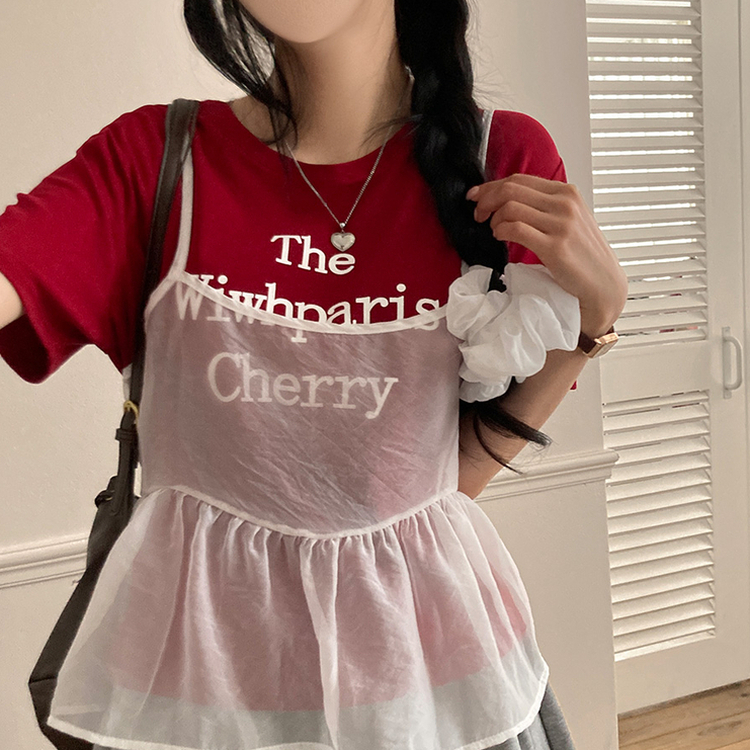 【SET】【SET+シュシュ】シースルービスチェ+半袖Tシャツ RED