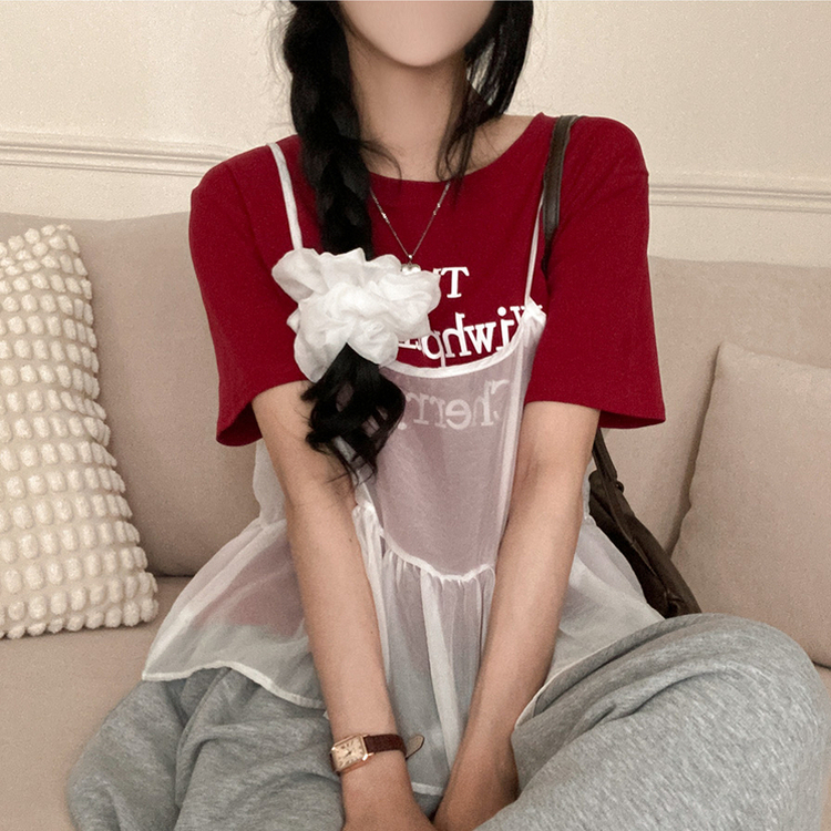 【SET】【SET+シュシュ】シースルービスチェ+半袖Tシャツ RED