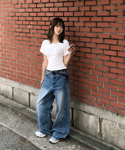 【丈別】ユニークサイドウォッシングワイドジーンズ Middle blue