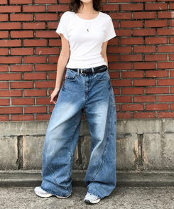 【丈別】ユニークサイドウォッシングワイドジーンズ Middle blue