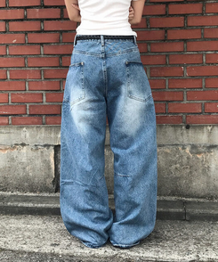 【丈別】ユニークサイドウォッシングワイドジーンズ Middle blue