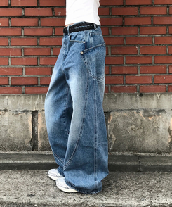 【丈別】ユニークサイドウォッシングワイドジーンズ Middle blue