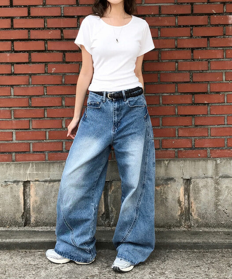 【丈別】ユニークサイドウォッシングワイドジーンズ Middle blue