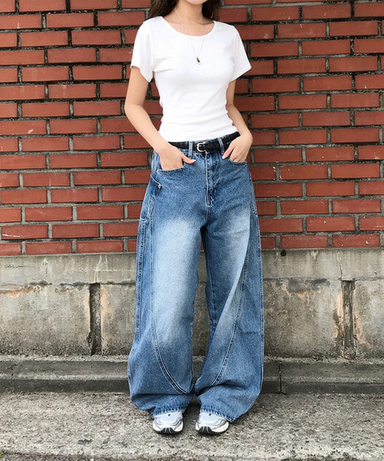 【丈別】ユニークサイドウォッシングワイドジーンズ Middle blue