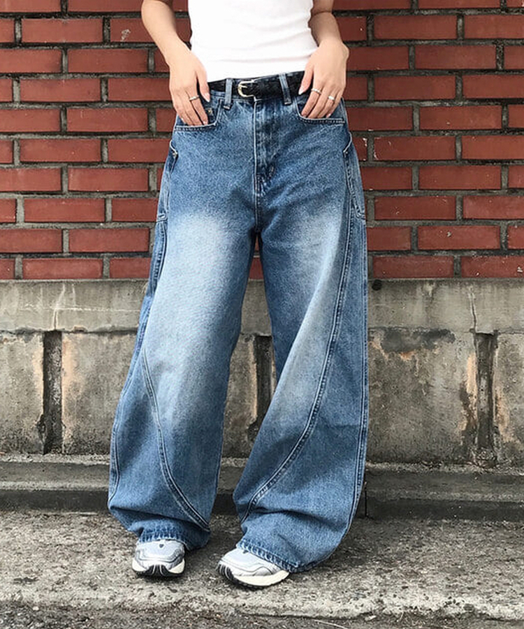 【丈別】ユニークサイドウォッシングワイドジーンズ Middle blue