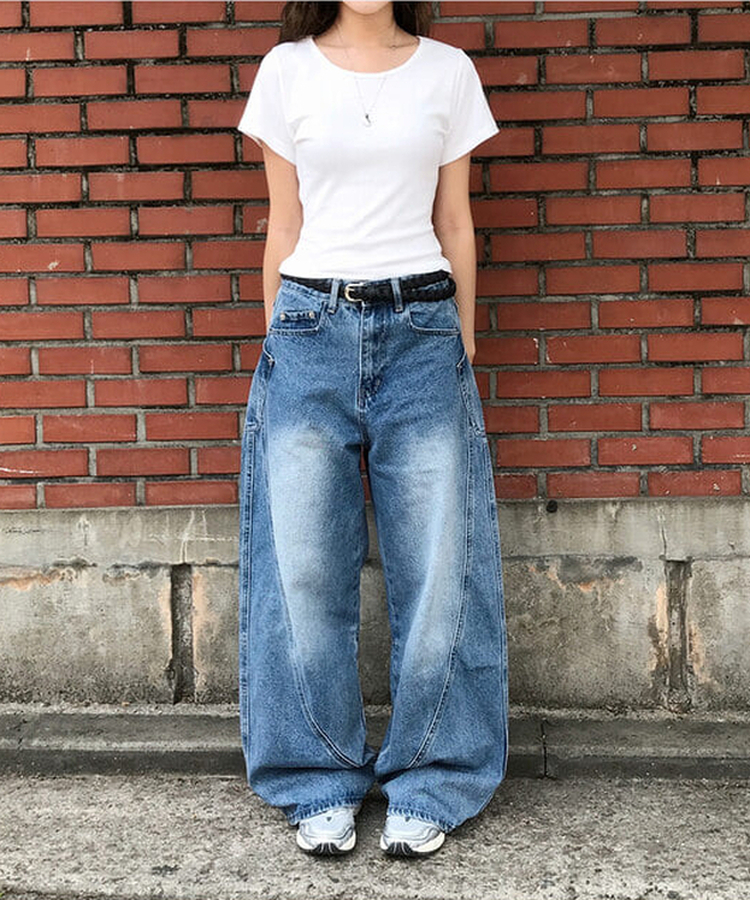 【丈別】ユニークサイドウォッシングワイドジーンズ Middle blue