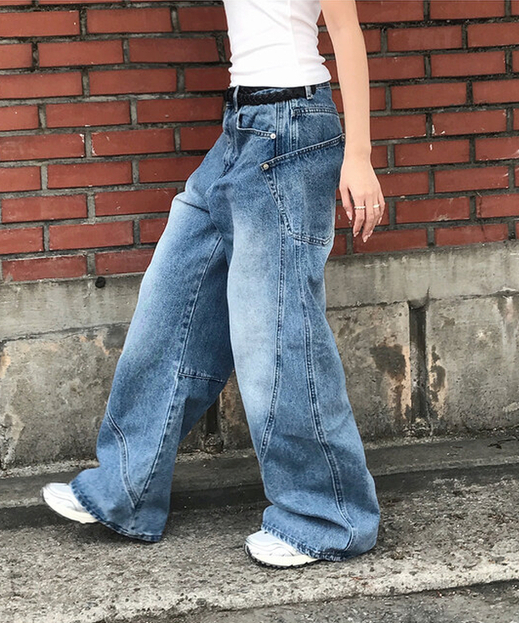【丈別】ユニークサイドウォッシングワイドジーンズ Middle blue