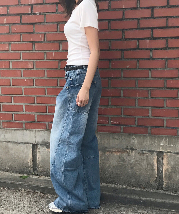 【丈別】ユニークサイドウォッシングワイドジーンズ Middle blue
