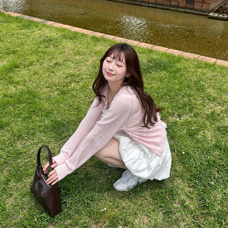 브로치 썸머 가디건 핑크
