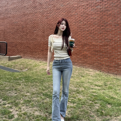 ニット ボーダーオフショルダーニット IVORY-NAVY