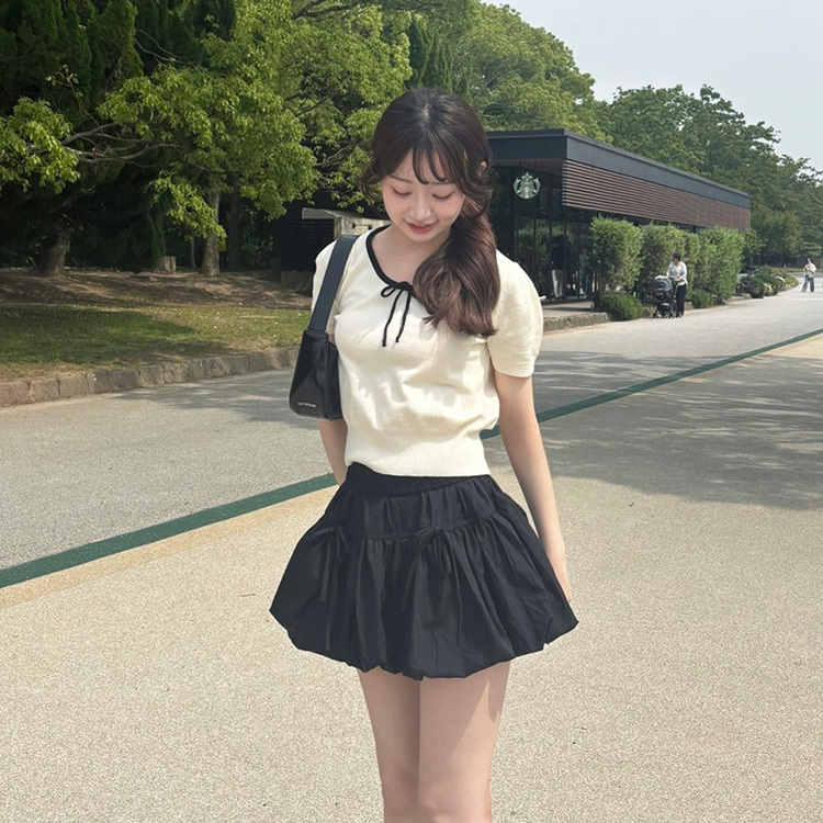 リボン半袖ニット IVORY