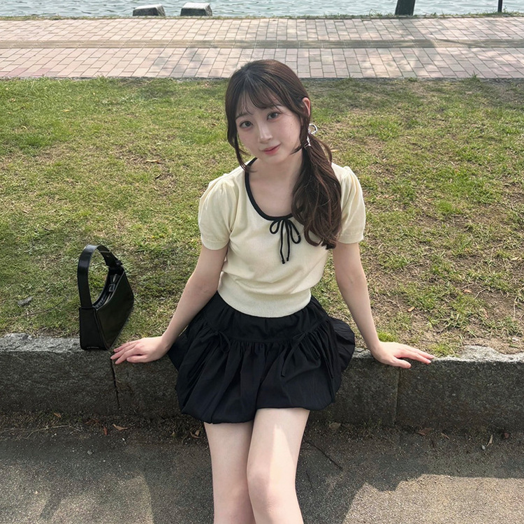 リボン半袖ニット IVORY