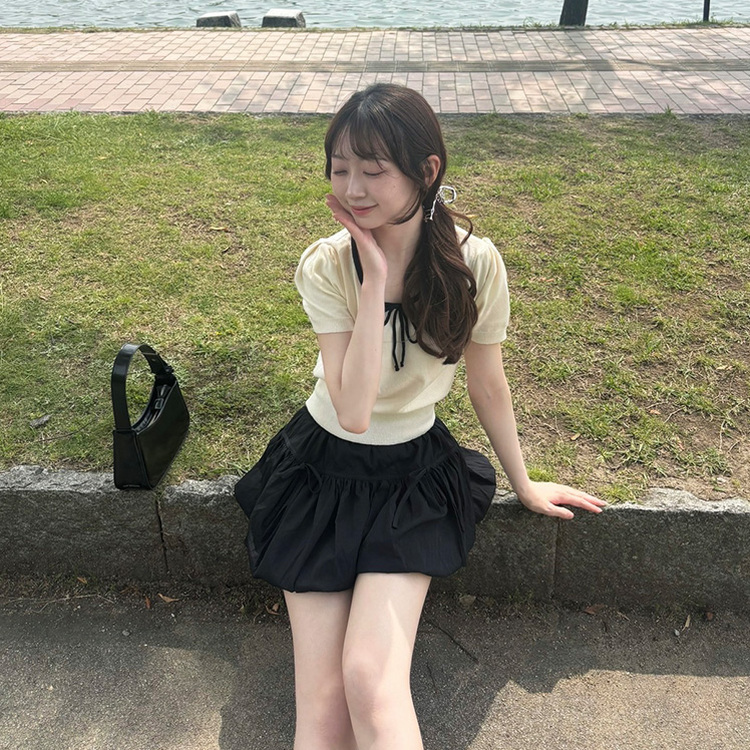 リボン半袖ニット IVORY