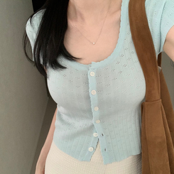 カーディガン パンチングニット半袖カーディガン SKY BLUE