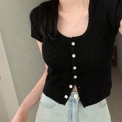 カーディガン パンチングニット半袖カーディガン BLACK