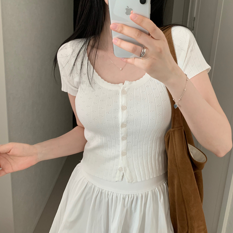 パンチングニット半袖カーディガン IVORY