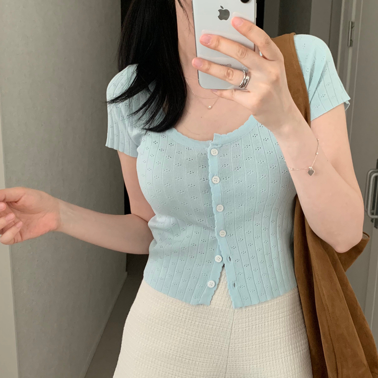 パンチングニット半袖カーディガン SKY BLUE
