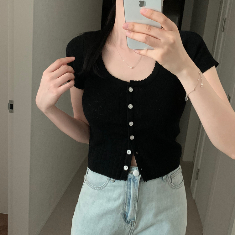 パンチングニット半袖カーディガン BLACK