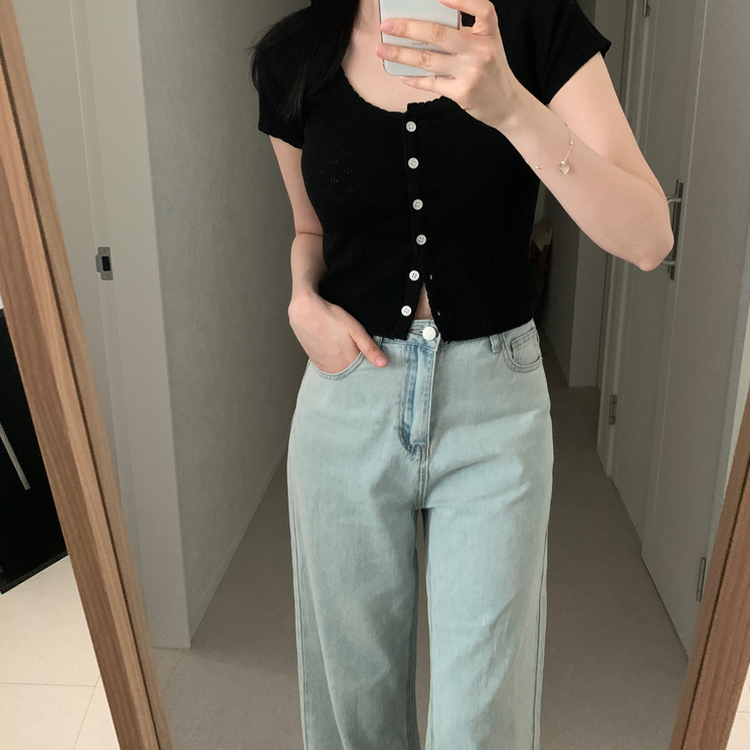 パンチングニット半袖カーディガン BLACK