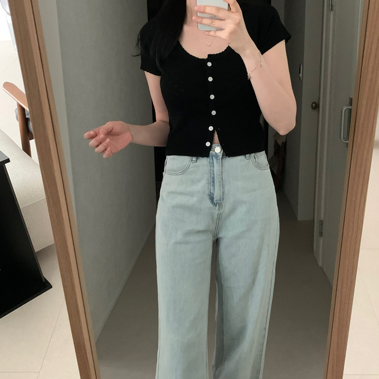パンチングニット半袖カーディガン BLACK